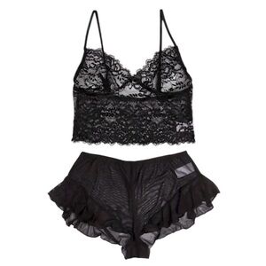 Black Lace Lingerie Set Semi Sheer Cami Bra & Ruffle Panties Size Large NEW